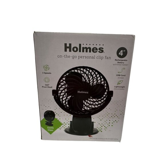Holmes 4" On-The-Go Portable Clip Rechargeable Battery 360° Rotation Fan Black - Picture 2 of 10